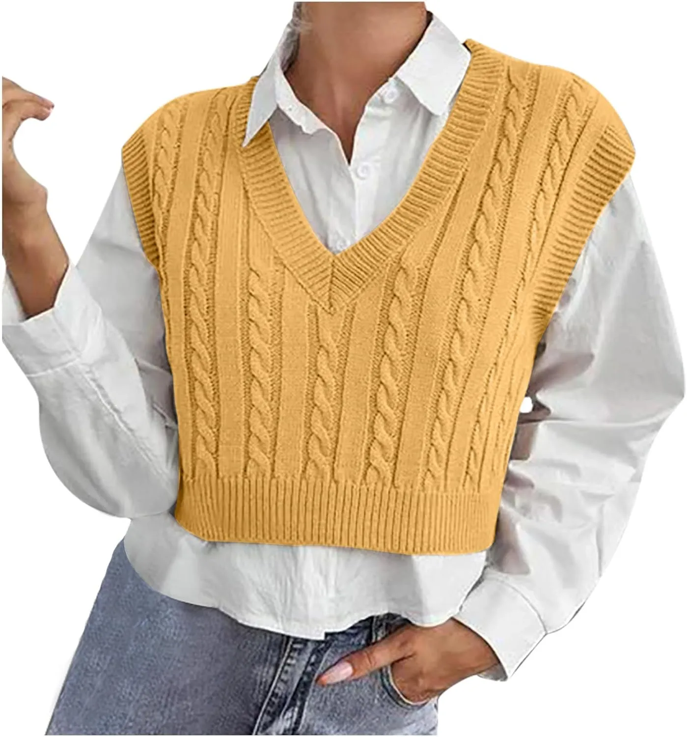 Sweater Vest for Women Fashion Cropped Cable Knit Sweater Vest Casual Sleeveless Knitted Tops Winter Clothes