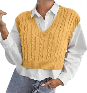 Sweater Vest for Women Fashion Cropped Cable Knit Sweater Vest Casual Sleeveless Knitted Tops Winter Clothes