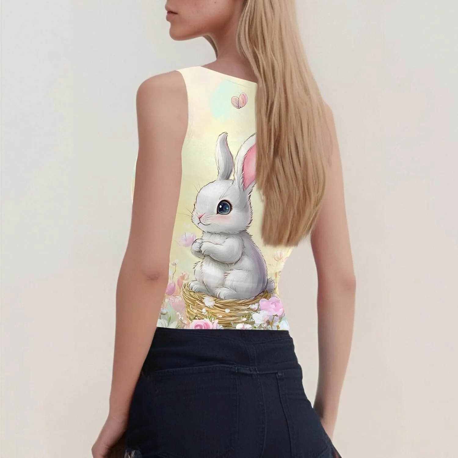 Tank Tops for Women 2025 Cute Egg and Bunny Print Round Neck Easter Shirts Slim Sleeveless Camisole Summer Outfits