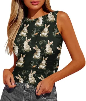 Tank Tops for Women 2025 Cute Egg and Bunny Print Round Neck Easter Shirts Slim Sleeveless Camisole Summer Outfits