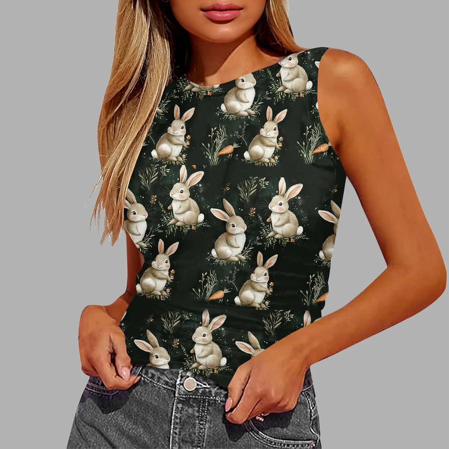 Tank Tops for Women 2025 Cute Egg and Bunny Print Round Neck Easter Shirts Slim Sleeveless Camisole Summer Outfits