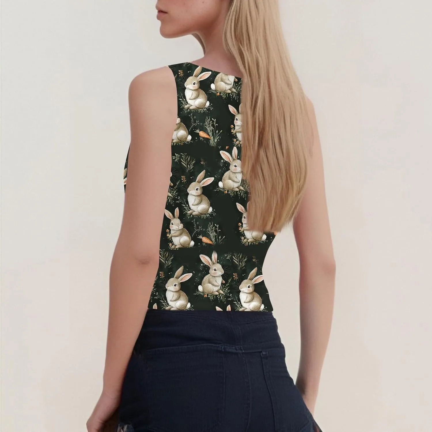 Tank Tops for Women 2025 Cute Egg and Bunny Print Round Neck Easter Shirts Slim Sleeveless Camisole Summer Outfits