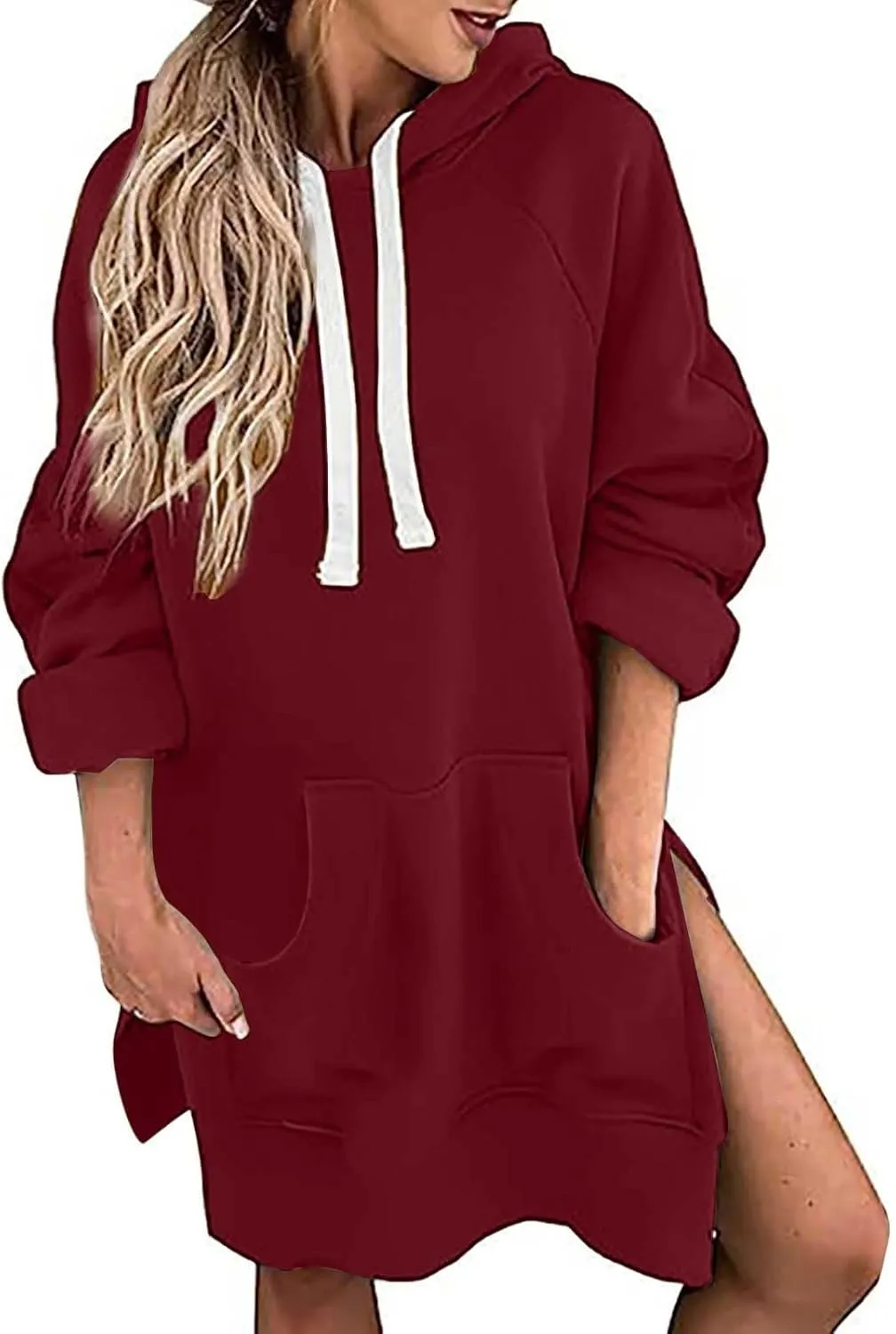 The Warmy Oversized Hoodie Dress for Women Trendy Casual Long Sleeve Split Hem Pullover Weighted Hoodie with Pocket