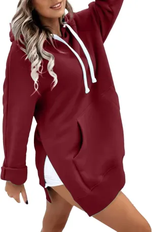 The Warmy Oversized Hoodie Dress for Women Trendy Casual Long Sleeve Split Hem Pullover Weighted Hoodie with Pocket