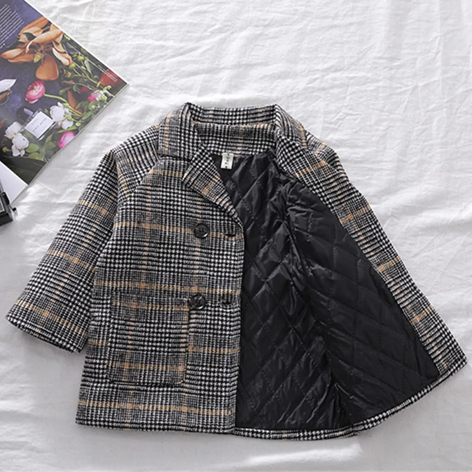 Toddler Elegant Boys Trench Coat Girls Coat Plaid Double Jacket Breasted Notched Wool Coat Kids Warm Outwear