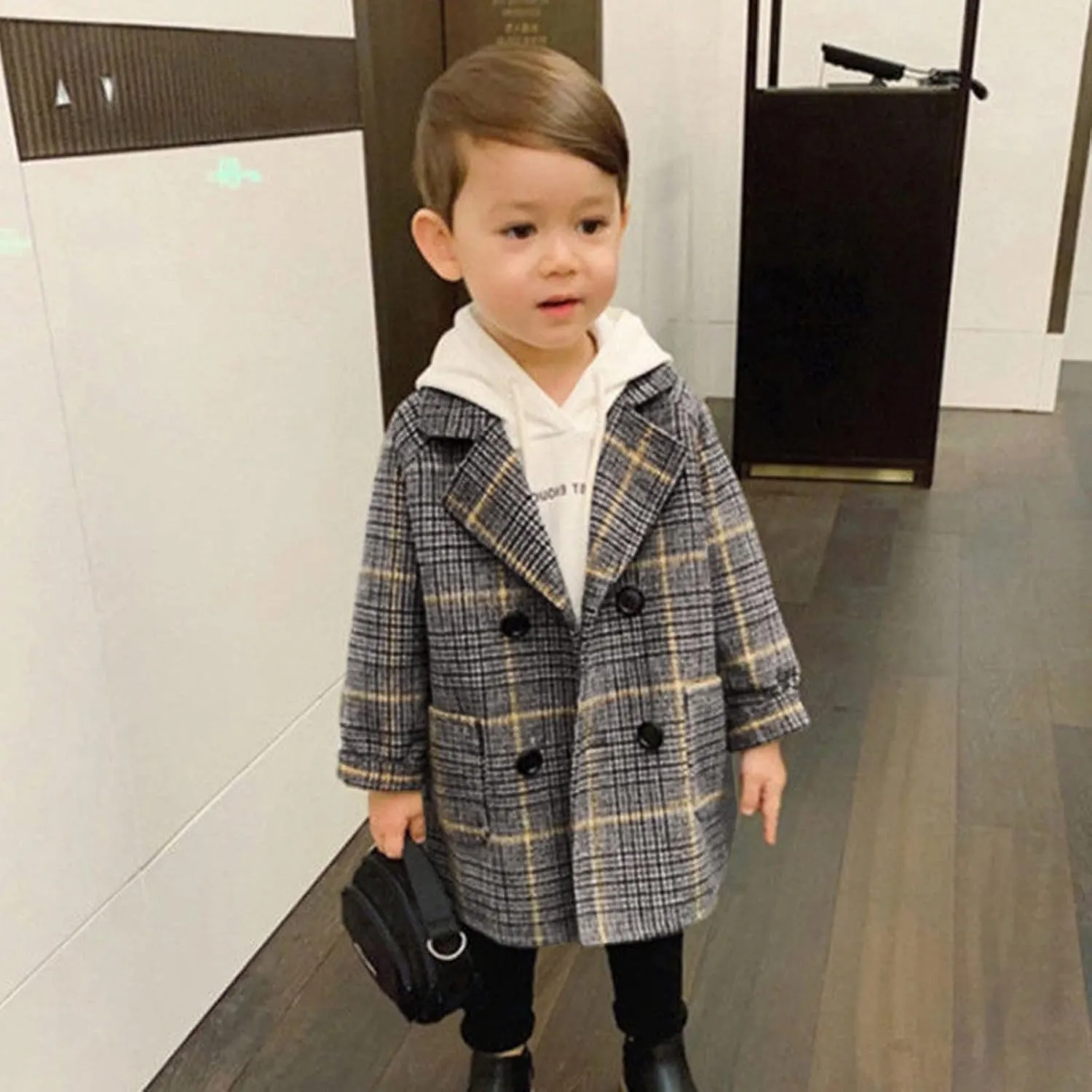Toddler Elegant Boys Trench Coat Girls Coat Plaid Double Jacket Breasted Notched Wool Coat Kids Warm Outwear