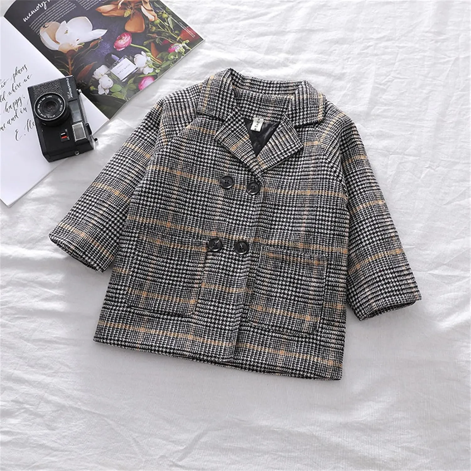 Toddler Elegant Boys Trench Coat Girls Coat Plaid Double Jacket Breasted Notched Wool Coat Kids Warm Outwear