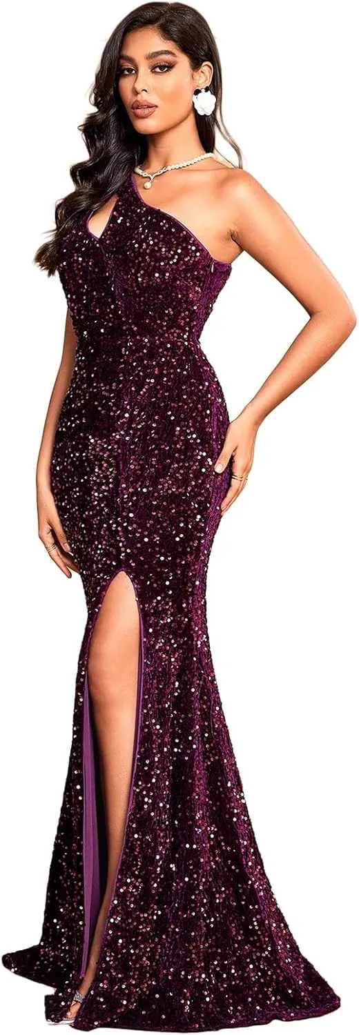 TOLEEN Women's Formal Bodycon Sequin One Shoulder Curvy Dresses Prom Dresses Elegant Evening Party Maxi Dresses