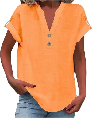Tops for Women Trendy Summer 2025 Solid Color Cotton Linen T-Shirts Short Sleeve V Neck Blouses Button Down Outfits