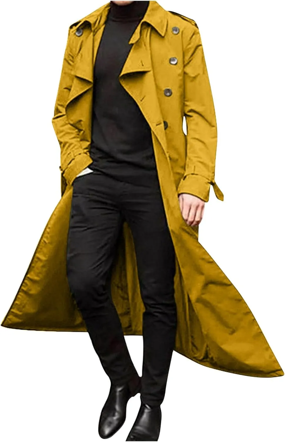 Trench Coats for Men Fall Long Jackets Double Breasted Overcoat Long Sleeve Tops Casual Business Outerwear with Pocket