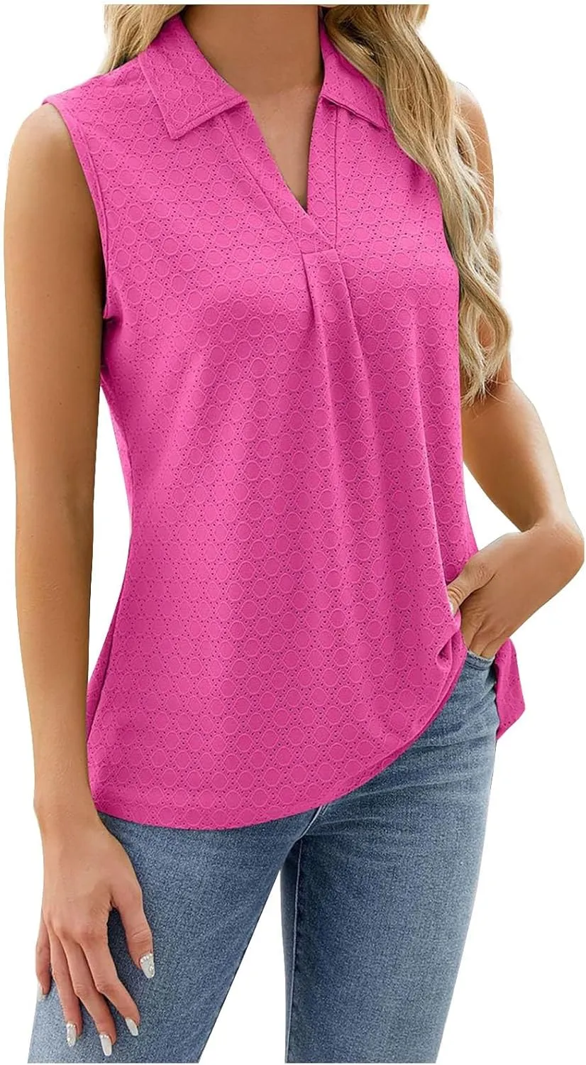 Trendy Eyelet Tops for Women Sleeveless V Neck Tank Top Pleated Front Dressy Blouses Casual Loose Business Work Shirts