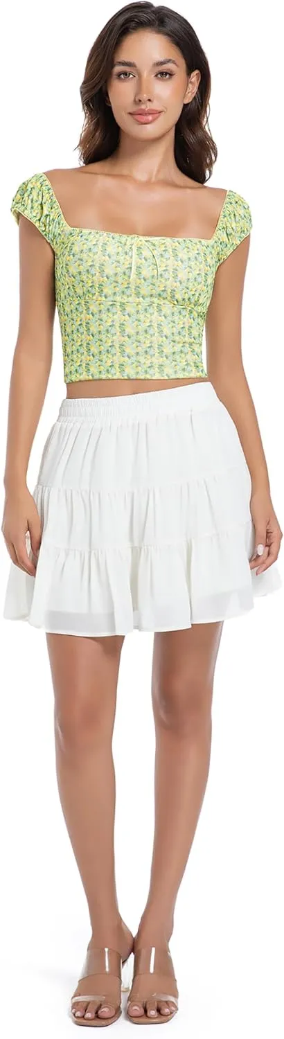 Tsher Women's High Elastic Waist Ruffle Casual Boho A-line Mini Skirts 0328