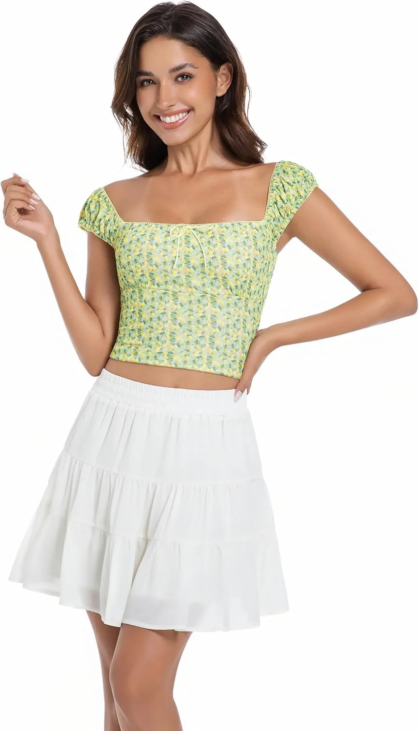 Tsher Women's High Elastic Waist Ruffle Casual Boho A-line Mini Skirts 0328
