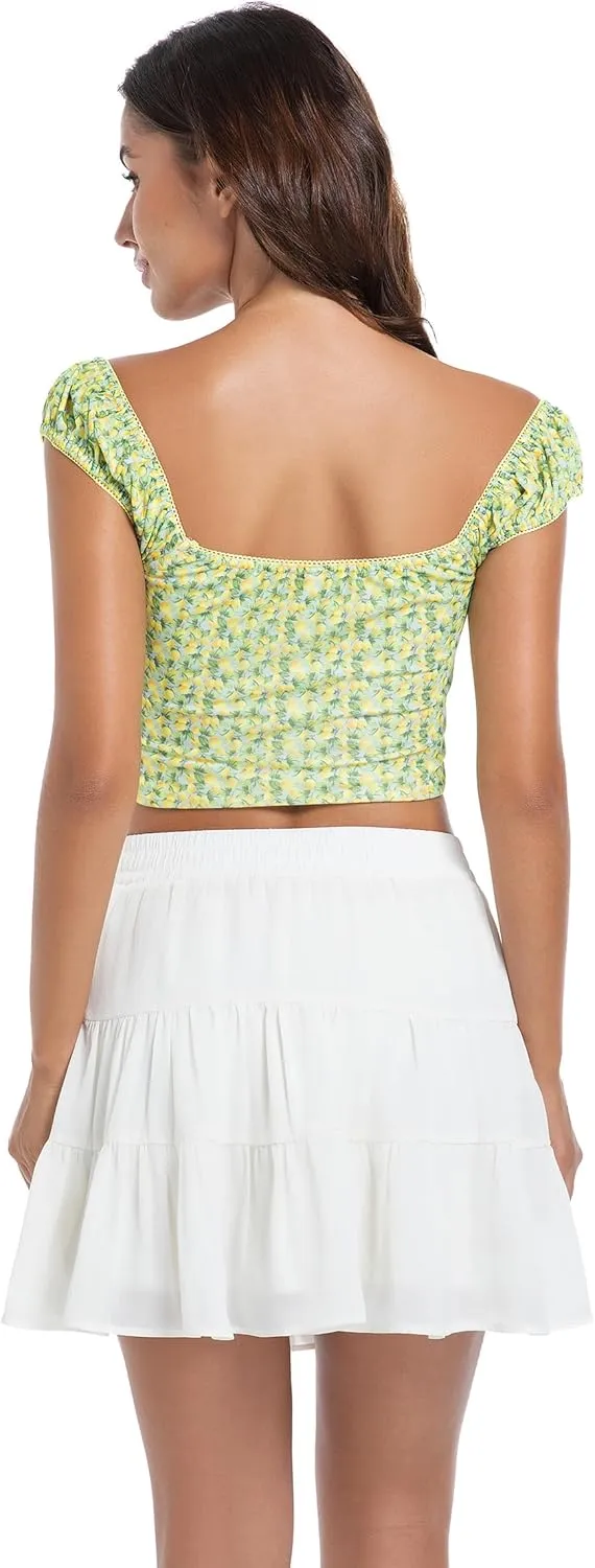 Tsher Women's High Elastic Waist Ruffle Casual Boho A-line Mini Skirts 0328