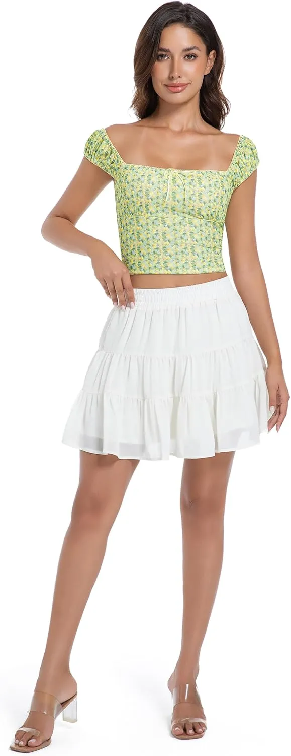Tsher Women's High Elastic Waist Ruffle Casual Boho A-line Mini Skirts 0328