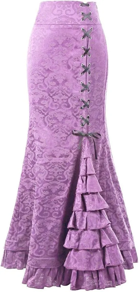 tuduoms Women's Steampunk Gothic Maxi Skirts Victorian Ruffles Fishtail Mermaid Pencil Skirt Retro Tiered Floor Length Skirt
