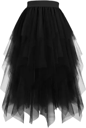 Tulle Skirts for Women Multi Layered Lace Mesh Midi Dress Elastic High Waist Irregular Hem A Line Flowy Skirt 2025