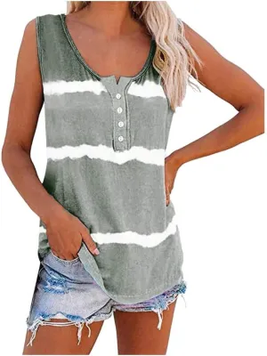 Tunic Tank Tops for Women 2024 Summer Casual Sleeveless Tie-dye Striped Scoop Neck-Henley Shirts Loose Fit Tops