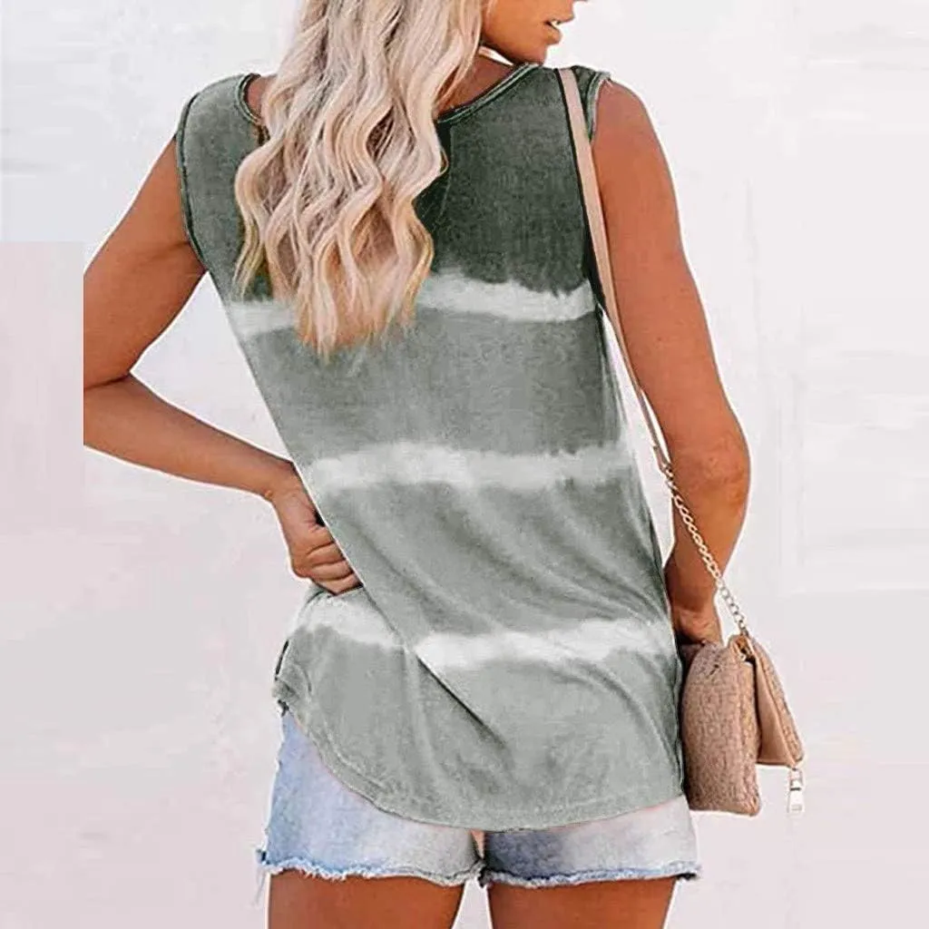 Tunic Tank Tops for Women 2024 Summer Casual Sleeveless Tie-dye Striped Scoop Neck-Henley Shirts Loose Fit Tops