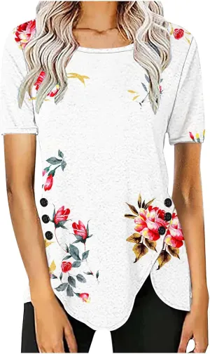 Tunic Tops for Women Loose Fit Dressy Short Sleeve Blouse Casual Floral Print T Shirt Summer Trendy Irregular Hem Tee
