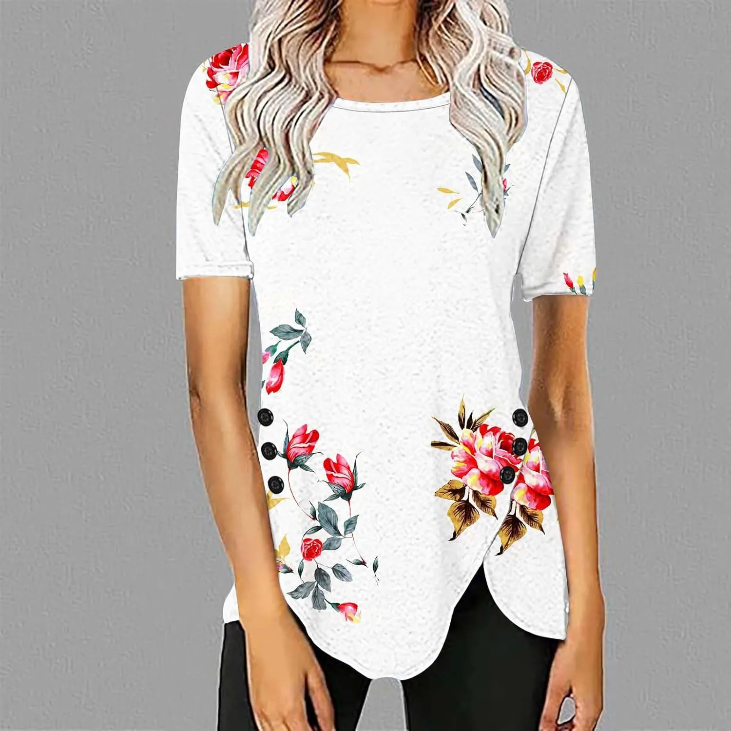 Tunic Tops for Women Loose Fit Dressy Short Sleeve Blouse Casual Floral Print T Shirt Summer Trendy Irregular Hem Tee