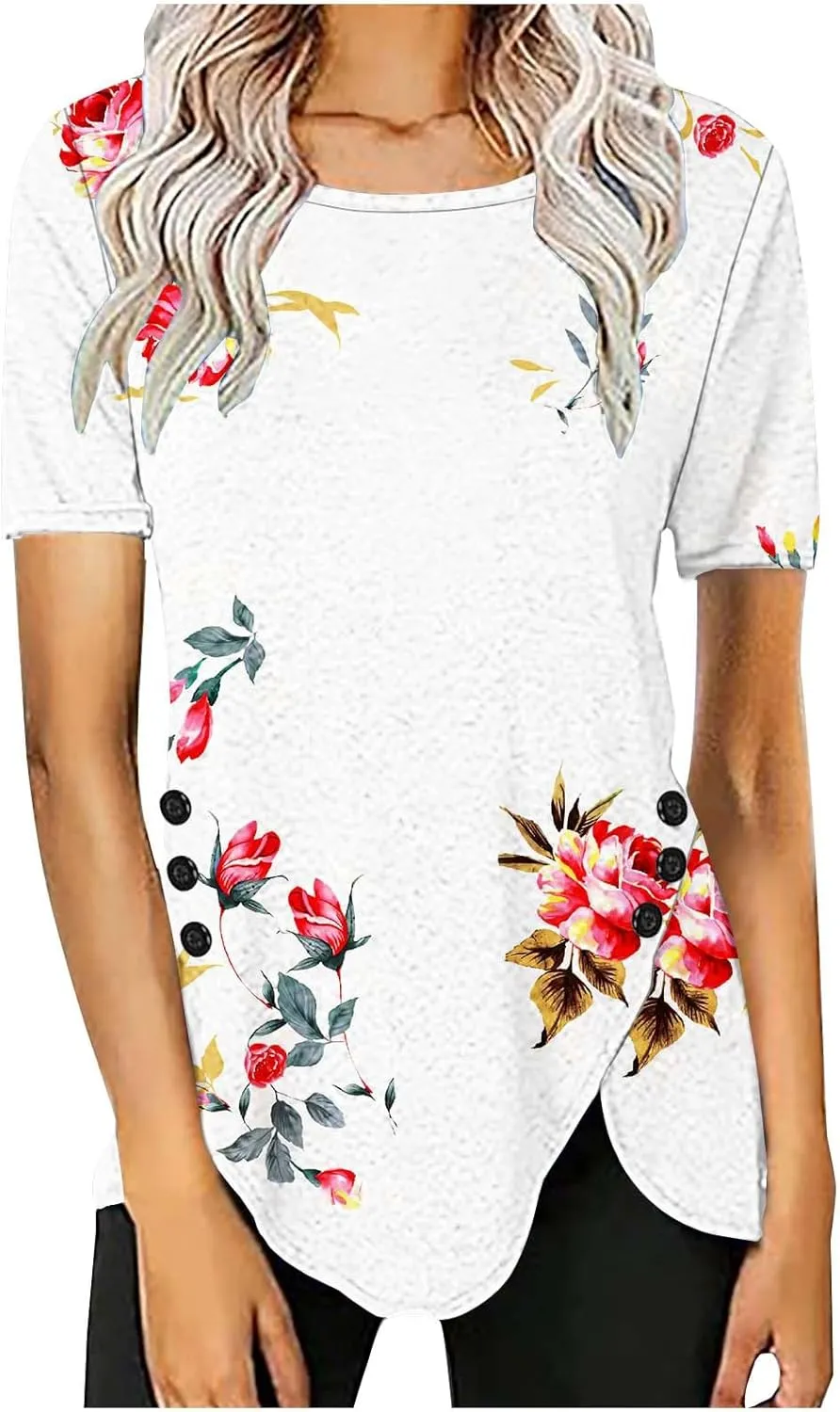 Tunic Tops for Women Loose Fit Dressy Short Sleeve Blouse Casual Floral Print T Shirt Summer Trendy Irregular Hem Tee