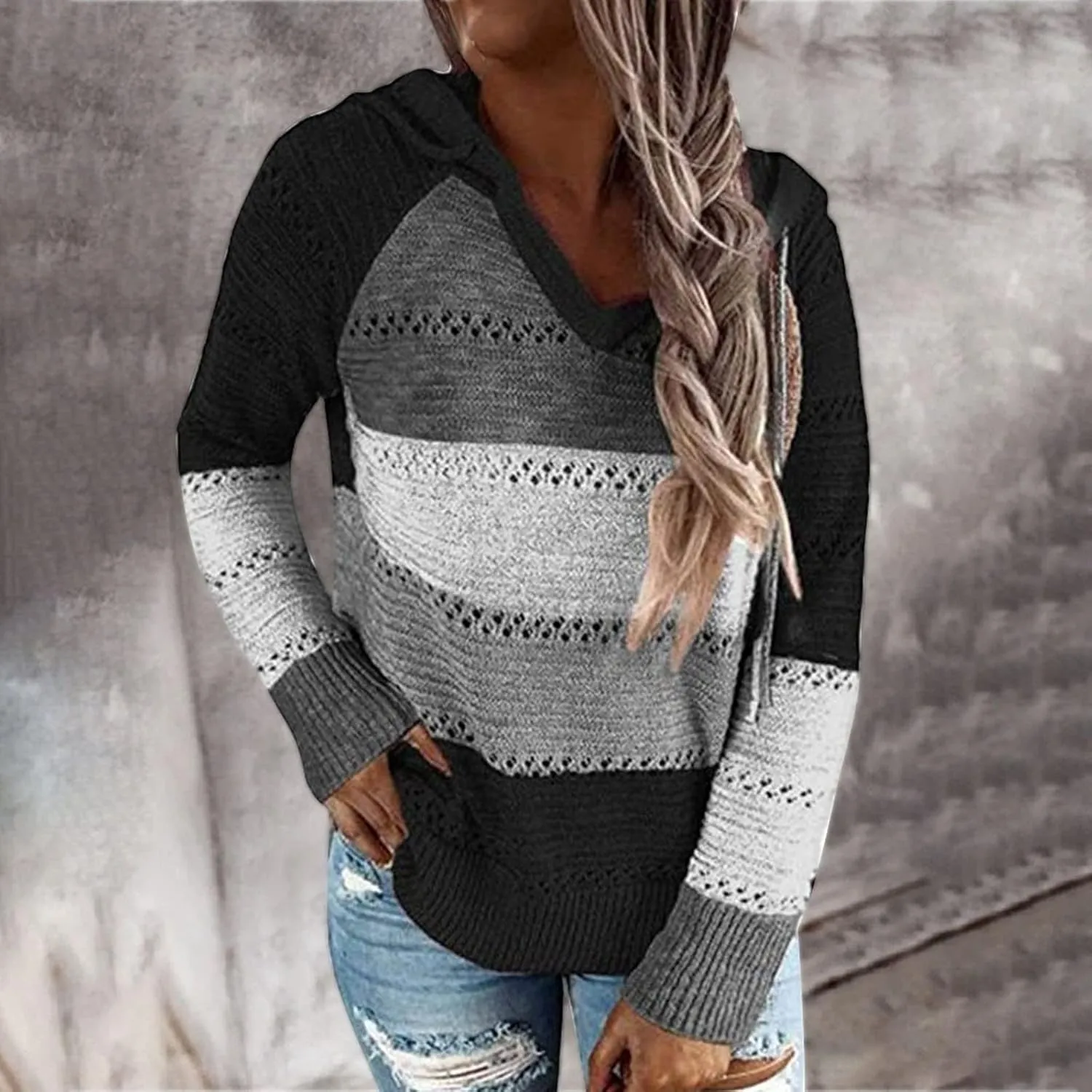 Turtle Necks Tops for Women Oversized Patchwork Hoodies Long Sleeve Hooded Pullover Shirts Thermal Sweater Tops