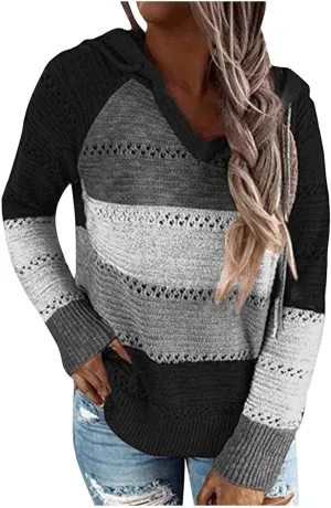 Turtle Necks Tops for Women Oversized Patchwork Hoodies Long Sleeve Hooded Pullover Shirts Thermal Sweater Tops