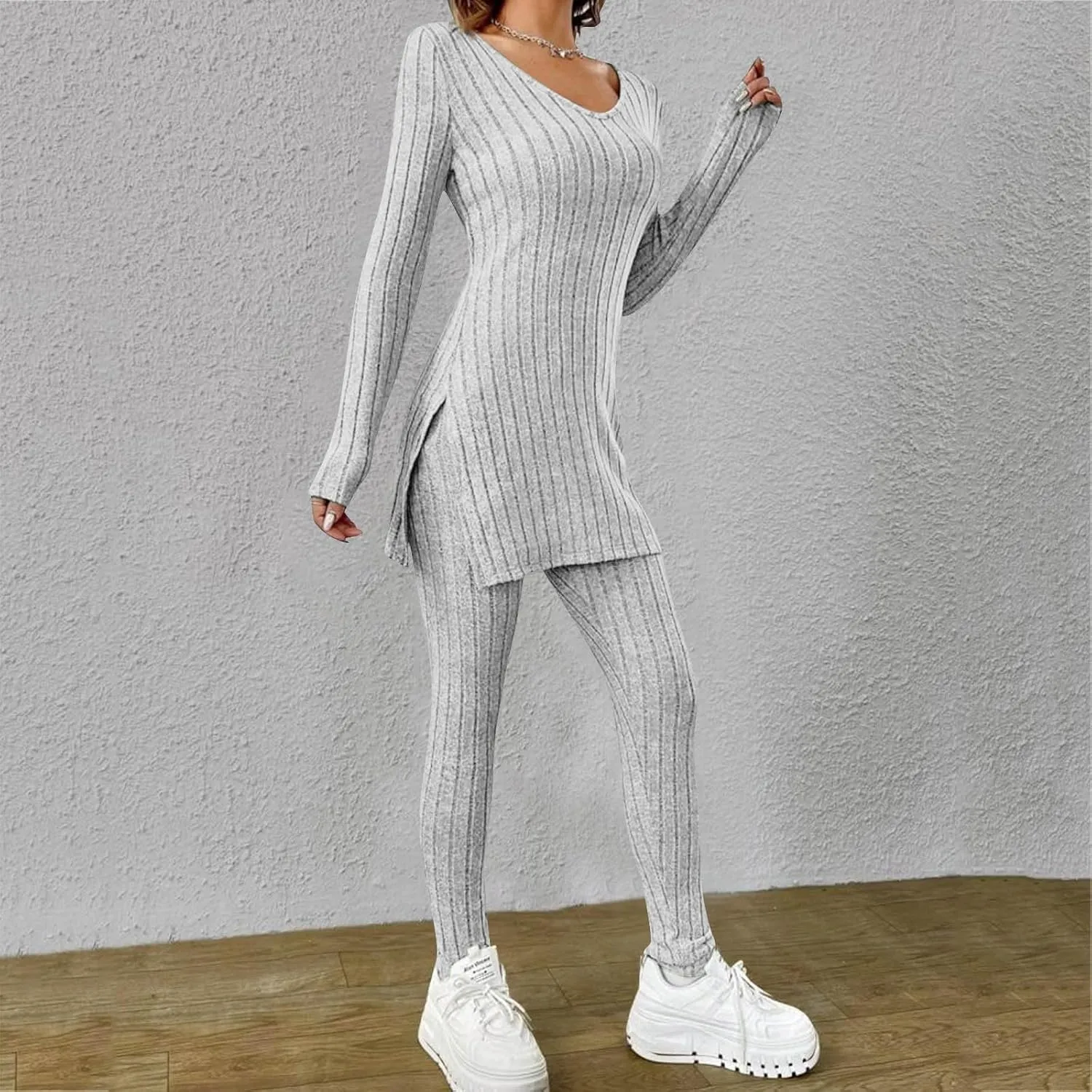 Two Piece Sets for Women,2025 Spring Trendy Ribbed Knit Lounge Set V Neck Slit Long Sleeve Tops & Pants Loungewear