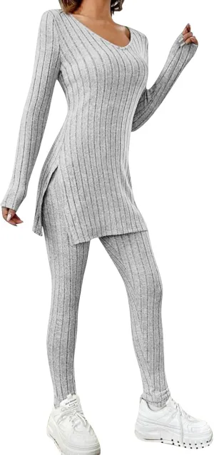Two Piece Sets for Women,2025 Spring Trendy Ribbed Knit Lounge Set V Neck Slit Long Sleeve Tops & Pants Loungewear