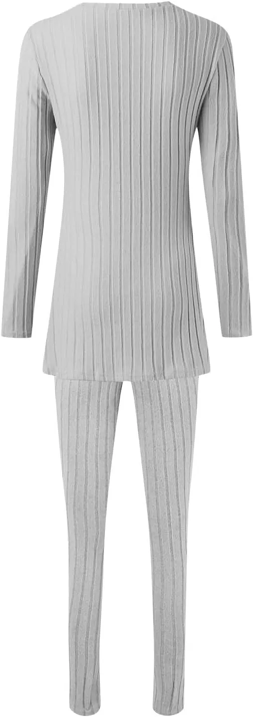 Two Piece Sets for Women,2025 Spring Trendy Ribbed Knit Lounge Set V Neck Slit Long Sleeve Tops & Pants Loungewear