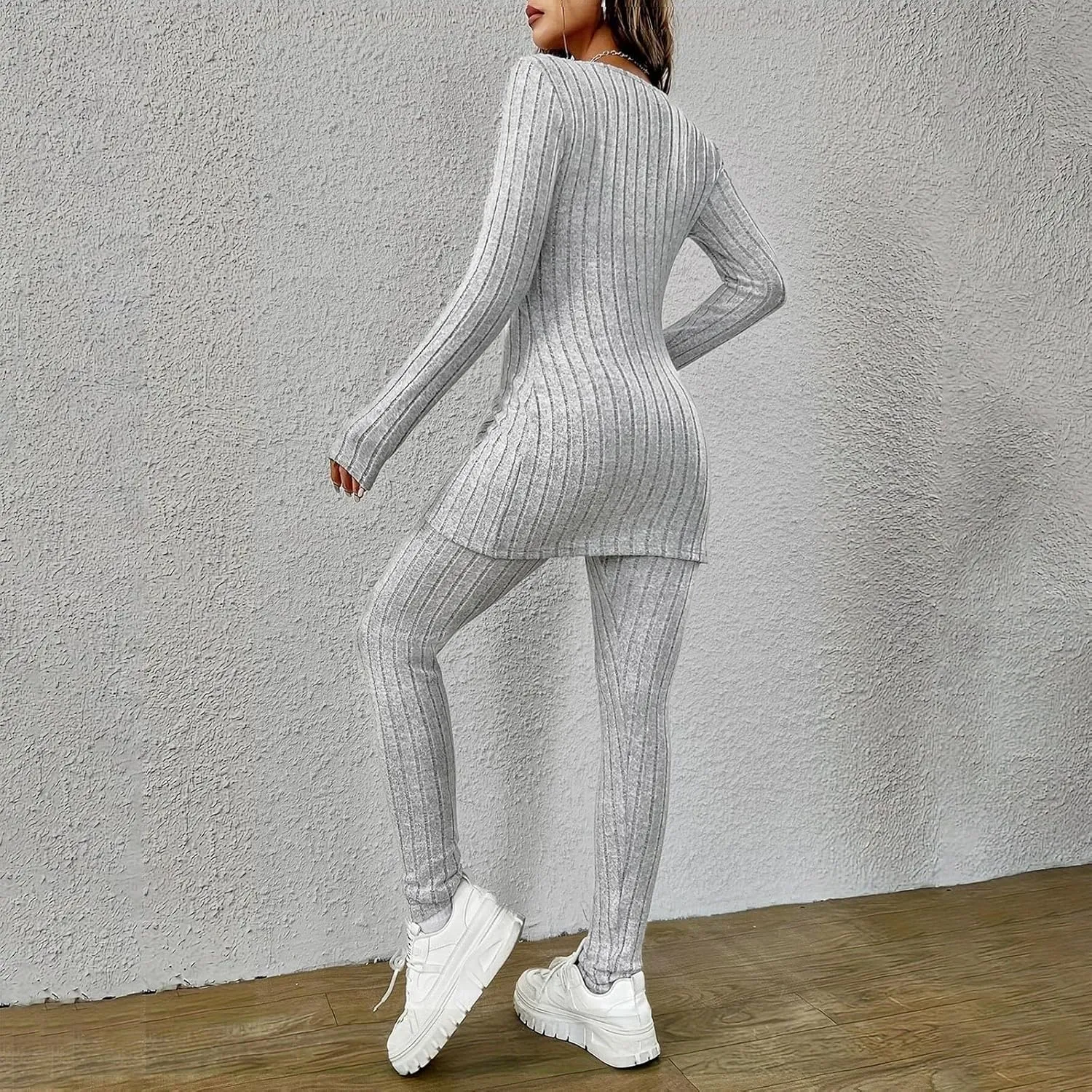 Two Piece Sets for Women,2025 Spring Trendy Ribbed Knit Lounge Set V Neck Slit Long Sleeve Tops & Pants Loungewear