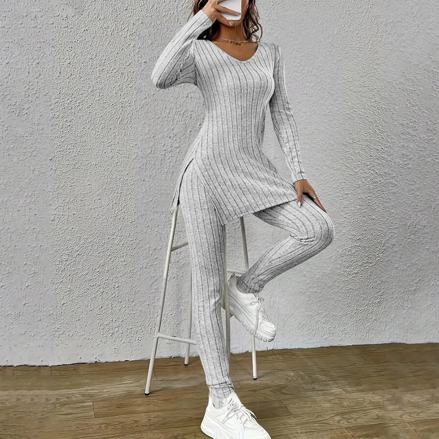 Two Piece Sets for Women,2025 Spring Trendy Ribbed Knit Lounge Set V Neck Slit Long Sleeve Tops & Pants Loungewear