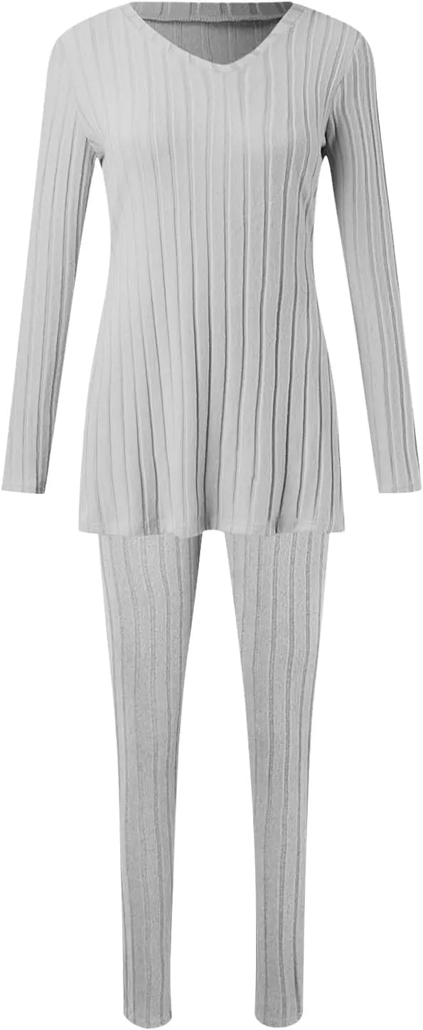 Two Piece Sets for Women,2025 Spring Trendy Ribbed Knit Lounge Set V Neck Slit Long Sleeve Tops & Pants Loungewear