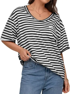 UEU Women Oversized Striped T Shirts Summer V Neck Short Sleeve Cotton Casual Loose Tops Tee Tshirts Trendy Fashion Clothes
