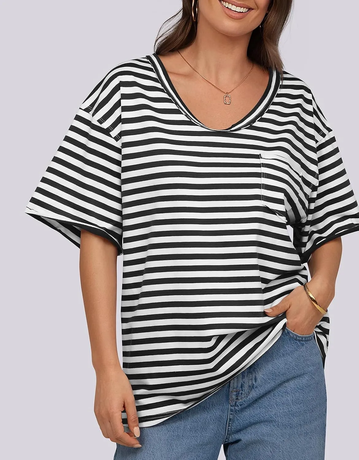 UEU Women Oversized Striped T Shirts Summer V Neck Short Sleeve Cotton Casual Loose Tops Tee Tshirts Trendy Fashion Clothes