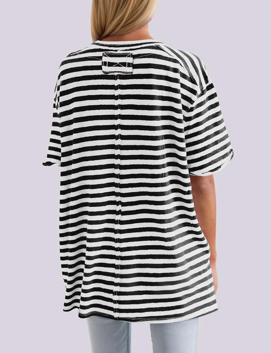UEU Women Oversized Striped T Shirts Summer V Neck Short Sleeve Cotton Casual Loose Tops Tee Tshirts Trendy Fashion Clothes