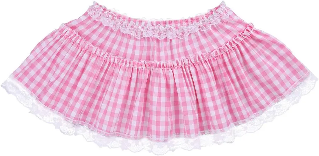 Unisex Men Women Lace Trim Pleated A-line Skirts Sissy Frilly Gingham Mini Skirts Nightwear