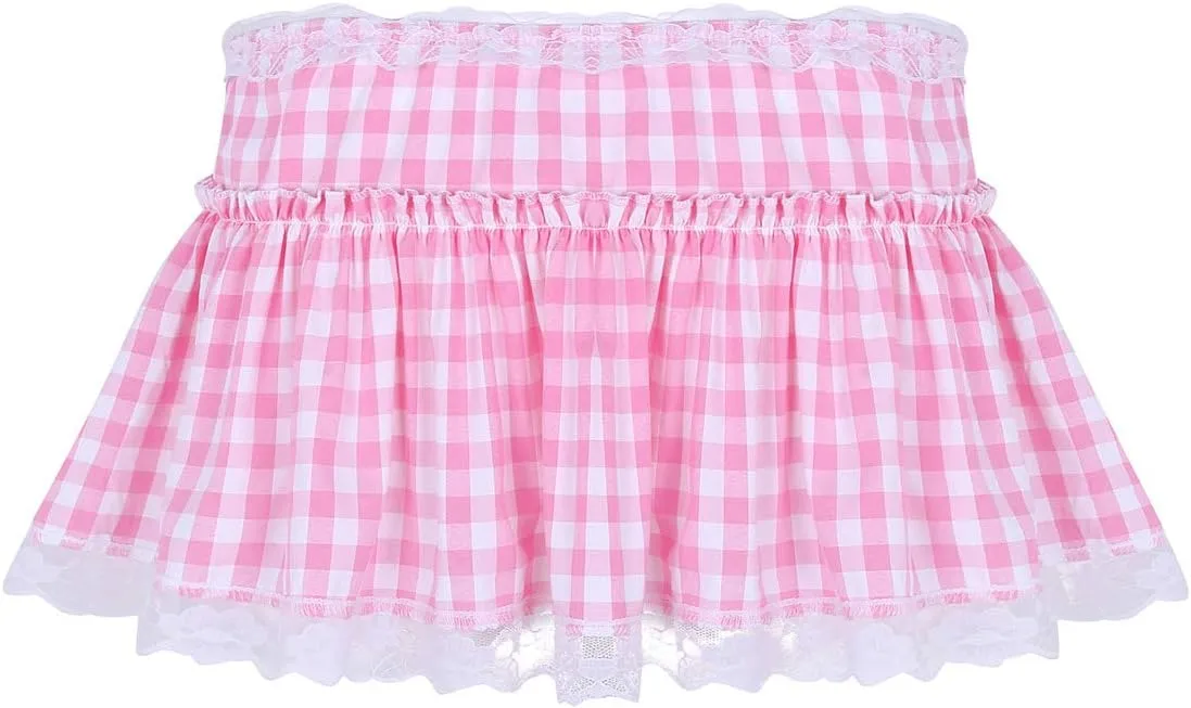 Unisex Men Women Lace Trim Pleated A-line Skirts Sissy Frilly Gingham Mini Skirts Nightwear