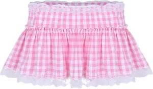 Unisex Men Women Lace Trim Pleated A-line Skirts Sissy Frilly Gingham Mini Skirts Nightwear