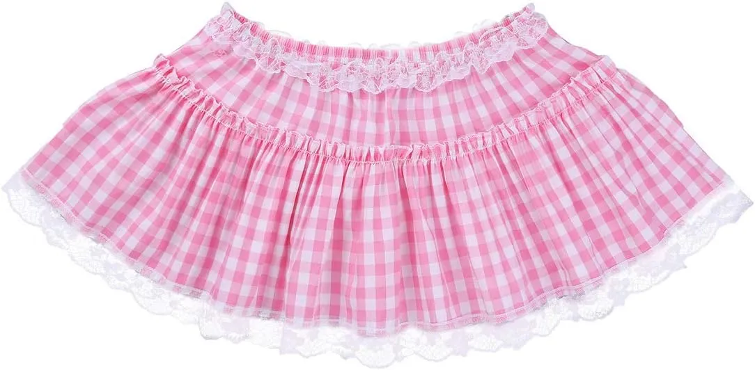 Unisex Men Women Lace Trim Pleated A-line Skirts Sissy Frilly Gingham Mini Skirts Nightwear