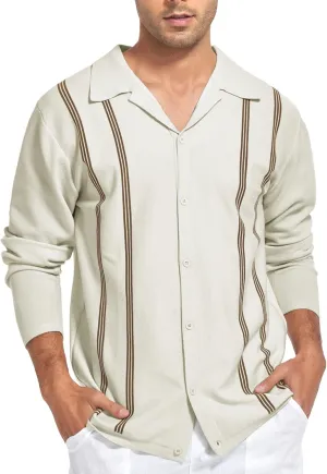 V VALANCH Mens Long Sleeve Knitted Polo Shirts Vintage Vercital Stripe Camp Collar Button Down Shirt