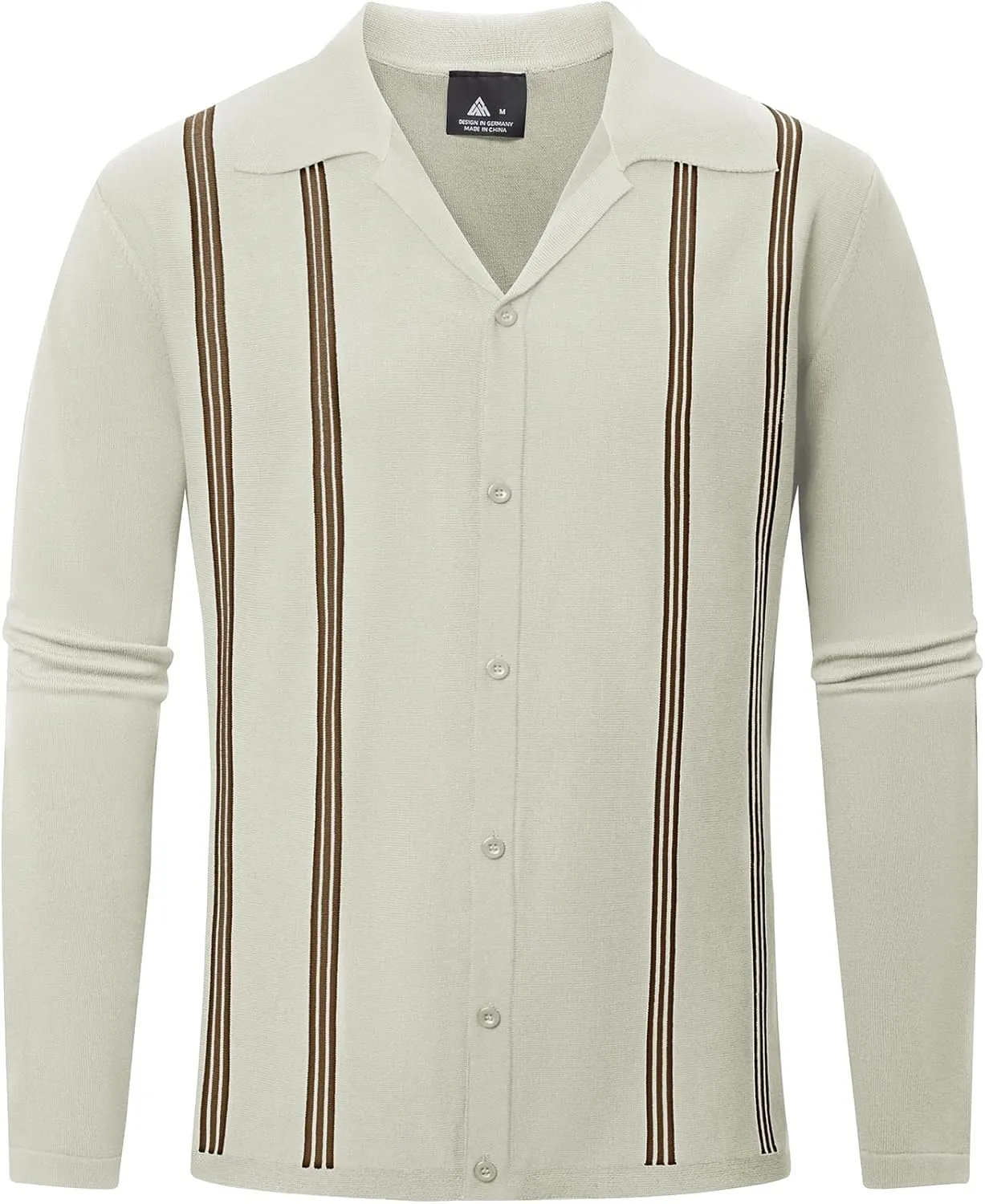 V VALANCH Mens Long Sleeve Knitted Polo Shirts Vintage Vercital Stripe Camp Collar Button Down Shirt