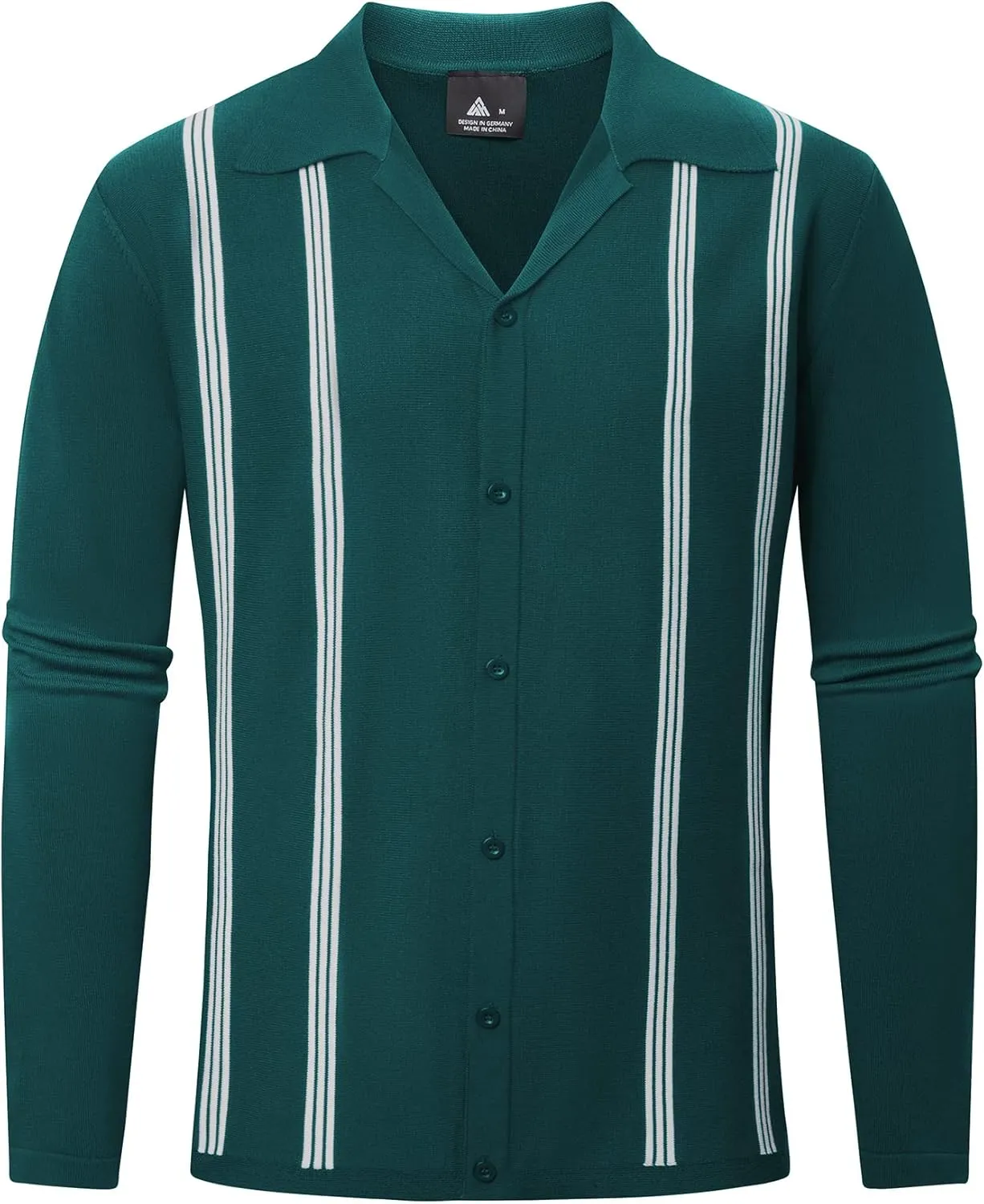 V VALANCH Mens Long Sleeve Knitted Polo Shirts Vintage Vercital Stripe Camp Collar Button Down Shirt
