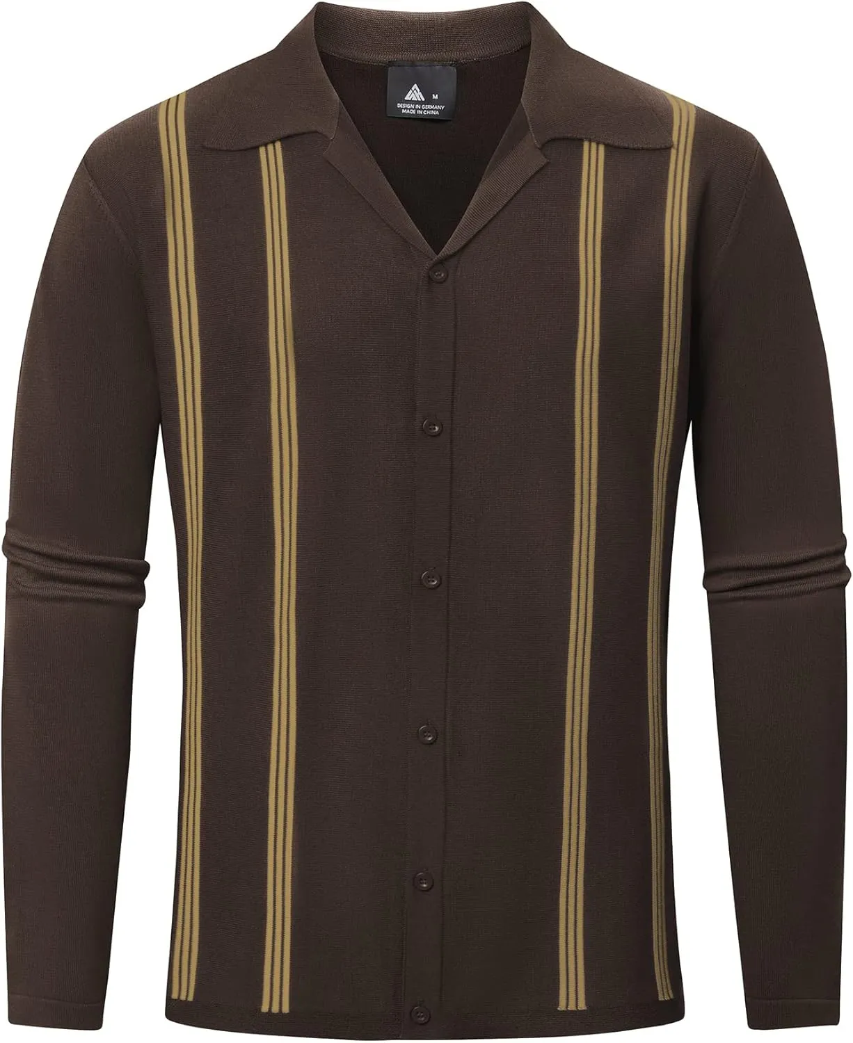 V VALANCH Mens Long Sleeve Knitted Polo Shirts Vintage Vercital Stripe Camp Collar Button Down Shirt