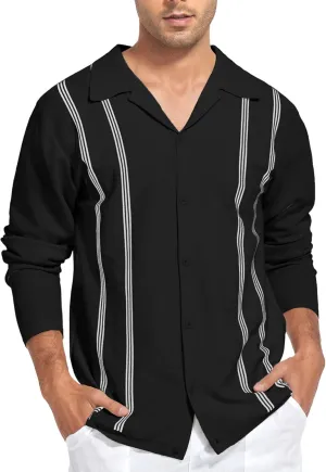 V VALANCH Mens Long Sleeve Knitted Polo Shirts Vintage Vercital Stripe Camp Collar Button Down Shirt
