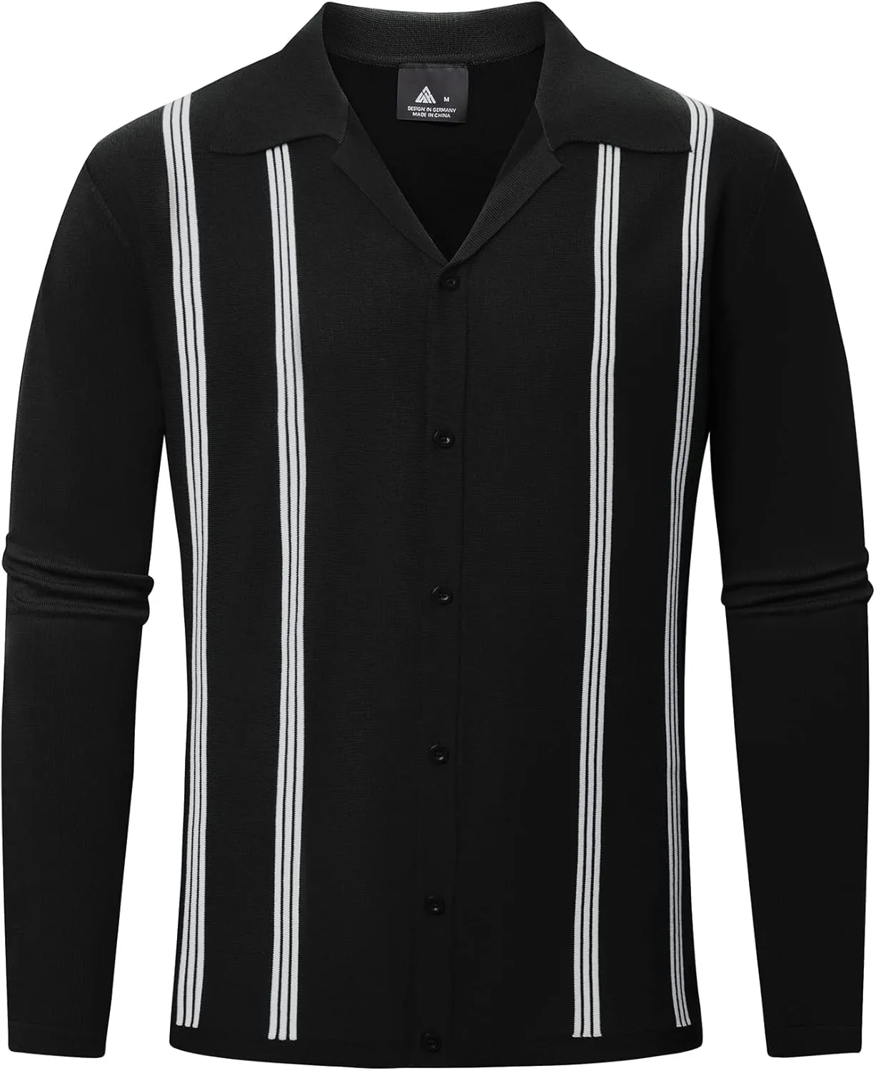V VALANCH Mens Long Sleeve Knitted Polo Shirts Vintage Vercital Stripe Camp Collar Button Down Shirt
