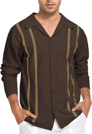 V VALANCH Mens Long Sleeve Knitted Polo Shirts Vintage Vercital Stripe Camp Collar Button Down Shirt