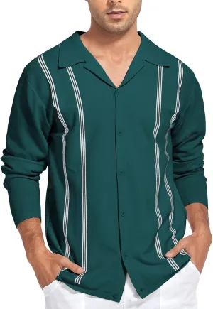 V VALANCH Mens Long Sleeve Knitted Polo Shirts Vintage Vercital Stripe Camp Collar Button Down Shirt