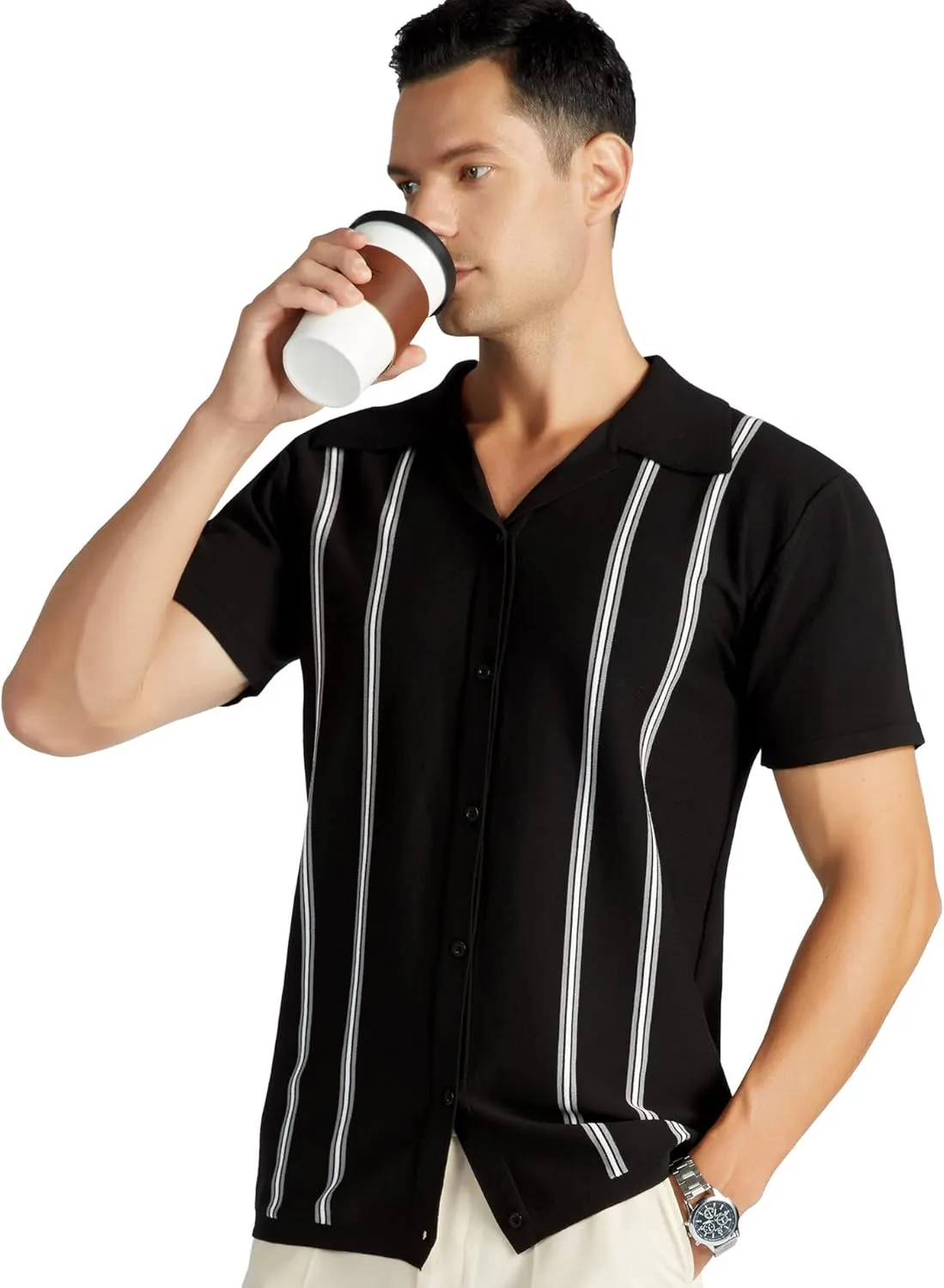V VALANCH Men's Long/Short Sleeve Knitted Shirts Button Down Vintage Vercital Stripe Camp Collar Polo Shirt